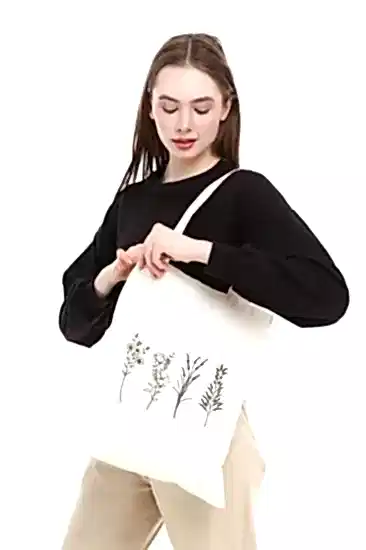 Çınar Bez Çanta 4 Dallı Çiçek Baskılı Ham Bez Çanta