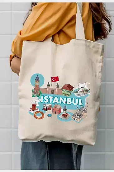 Çınar Bez Çanta Kanvas I?stanbul Açık Mavi Deniz Baskılı Bez Çanta