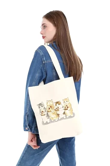 Çınar Bez Çanta Kanvas Pizza Yiyen Kediler Bez Çanta