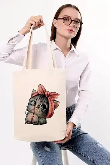 Çınar Bez Çanta Kanvas Sevimli Kedi Baskılı Bez Çanta